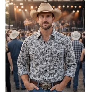 Rock & Roll Cowboy Mens Long Sleeve Button Up Shirt Pearl Snap Black White XL